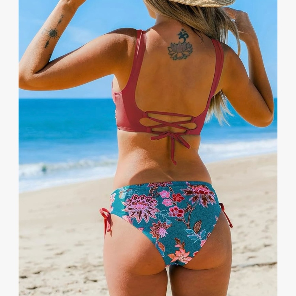 🆕 Cupshe Brick Red Teal Floral Front Cross Lace Up Bikini Adjustable S
